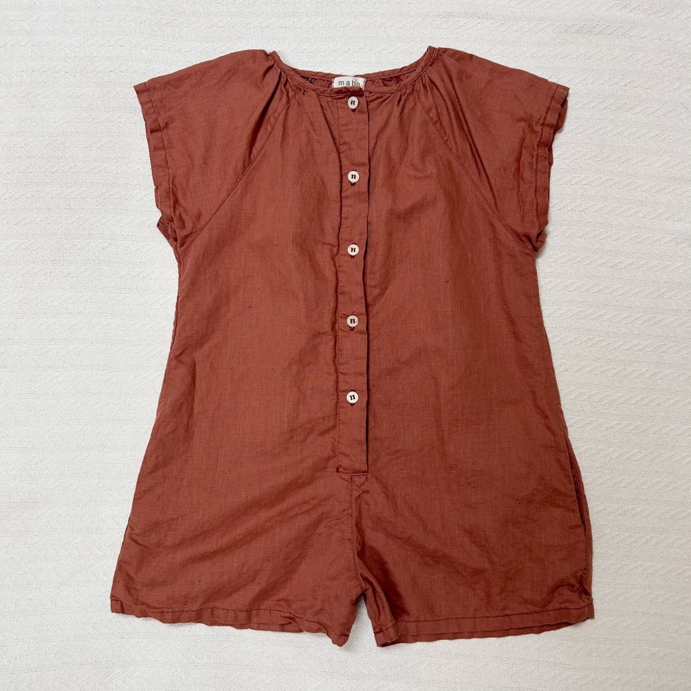 MABO Linen rust blend SS Woven Button Up Romper - sz 10/11 - red/brown one piece